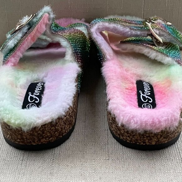 Forever21 Women Sandal Shoes Multi Color Bling Faux Fur Shoes Size 6.5 - Picture 3 of 11
